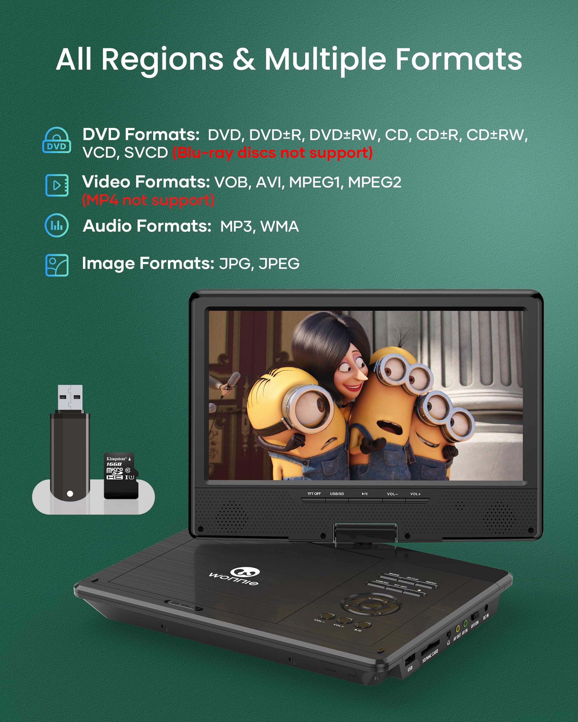 Amazon.co.jp: WONNIE 12.5インチ ポータブルDVDプレーヤー 10.5インチ